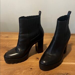 Antonio Melani Black Lug Sole Leather Ankle Boots 4” Block Heel Size 8.5